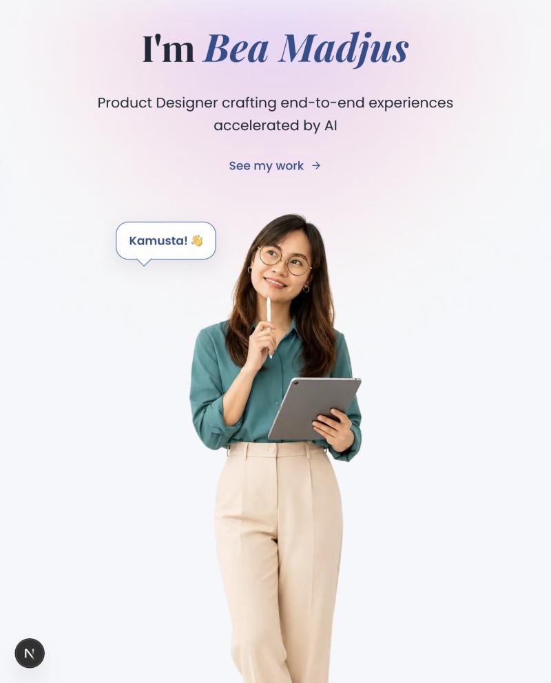 The final hero: large serif headline, speech bubble, AI-generated photo with gradient glow