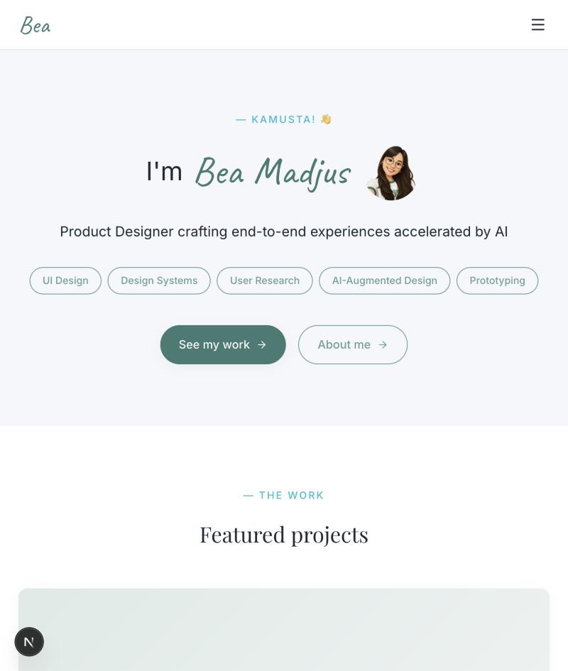 First version of the portfolio homepage with sage green branding, capability pills, and an illustrated avatar
