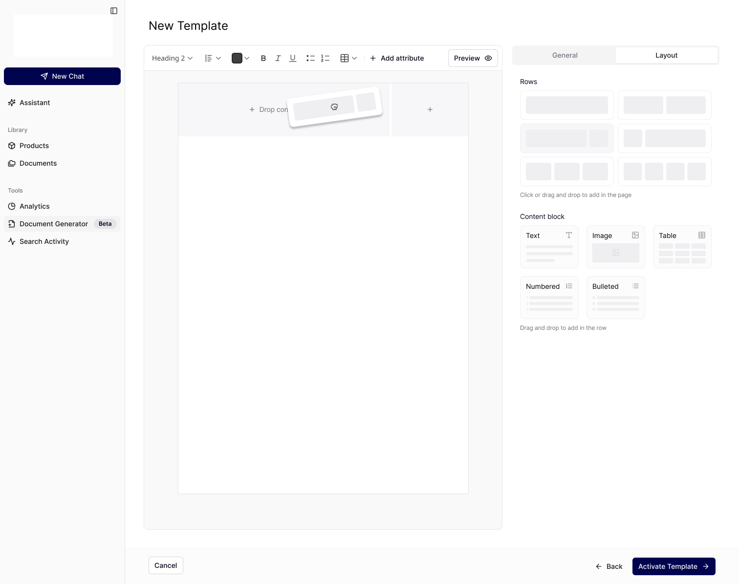 Template builder with drag-and-drop rows and content blocks