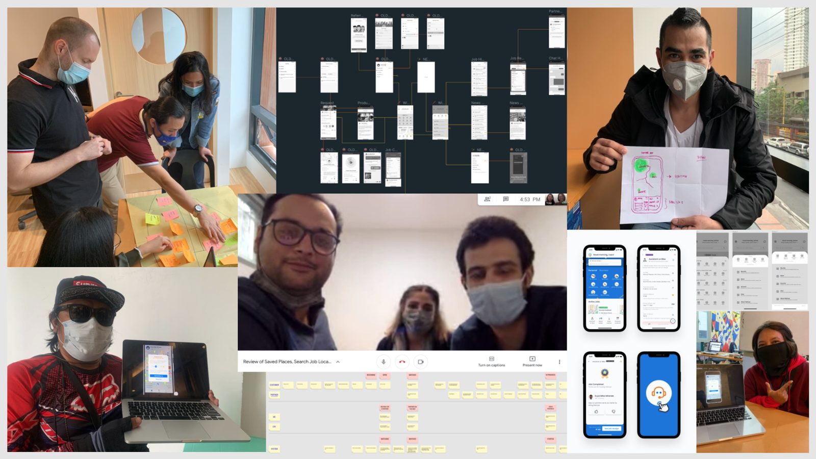 Collage of the redesign process: in-person and remote usability testing, affinity mapping with sticky notes, the old app flow audit, and early redesigned screens